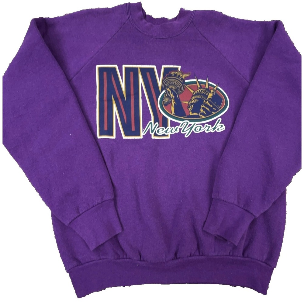 Vintage‎ New York Sweatshirt Men Small Purple Crewneck Sweater USA 80s 90s City*